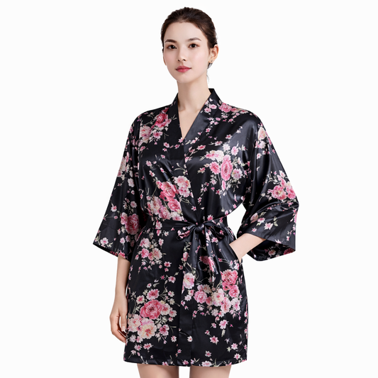 Floral Satin Kimono Robe – Short Silk-Like Bridal & Lounge Robe
