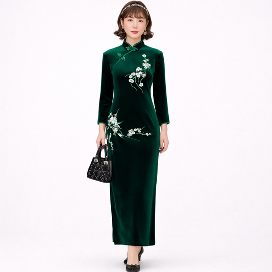 legant Velvet Qipao Dress – Premium Embroidered Slim Fit Cheongsam