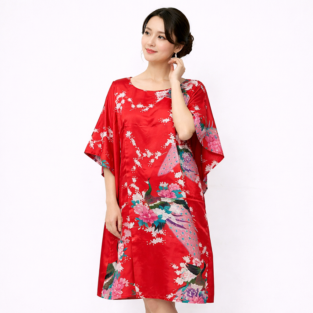 Luxury Silk-Feel Batwing Sleeve Peacock Kaftan Dress – One Size Relaxed Fit (Length 110–115cm)