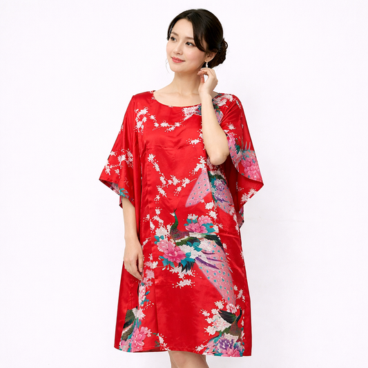 Luxury Silk-Feel Batwing Sleeve Peacock Kaftan Dress – One Size Relaxed Fit (Length 110–115cm)