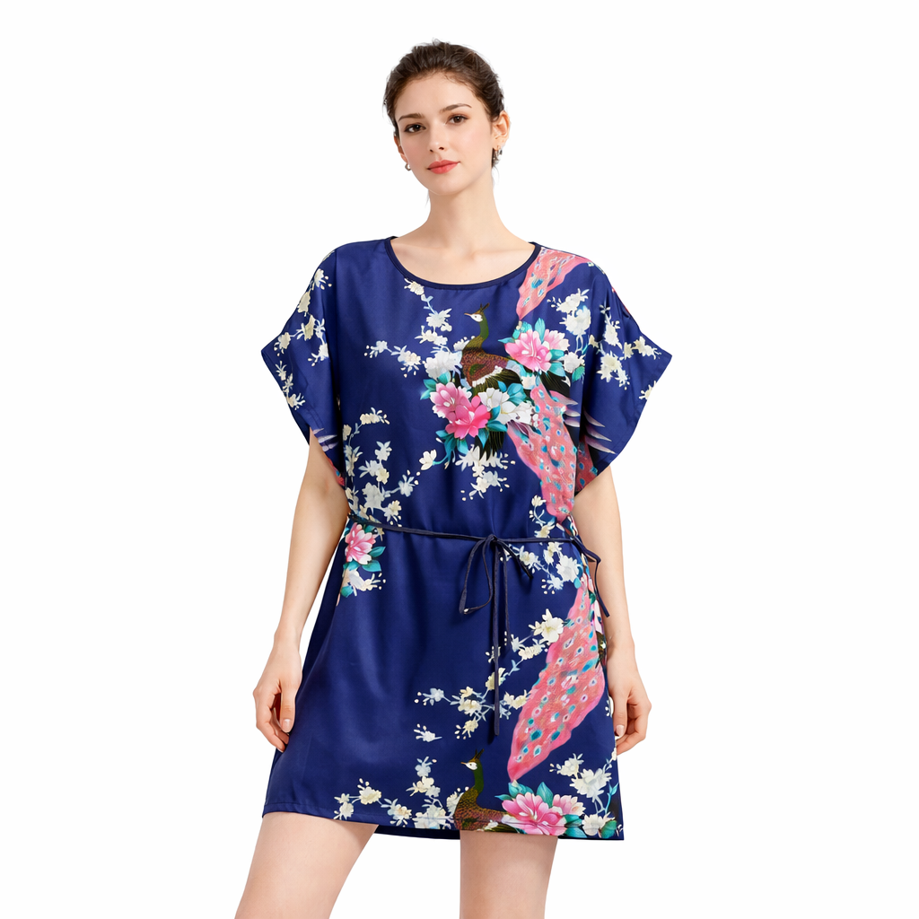 Elegant Satin Peacock Print Lounge Dress – Lightweight Kimono Style Home & Vacation Wear