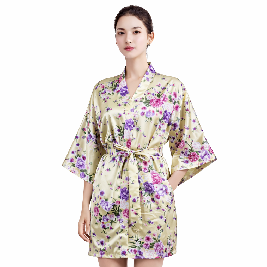 Floral Satin Kimono Robe – Short Silk-Like Bridal & Lounge Robe