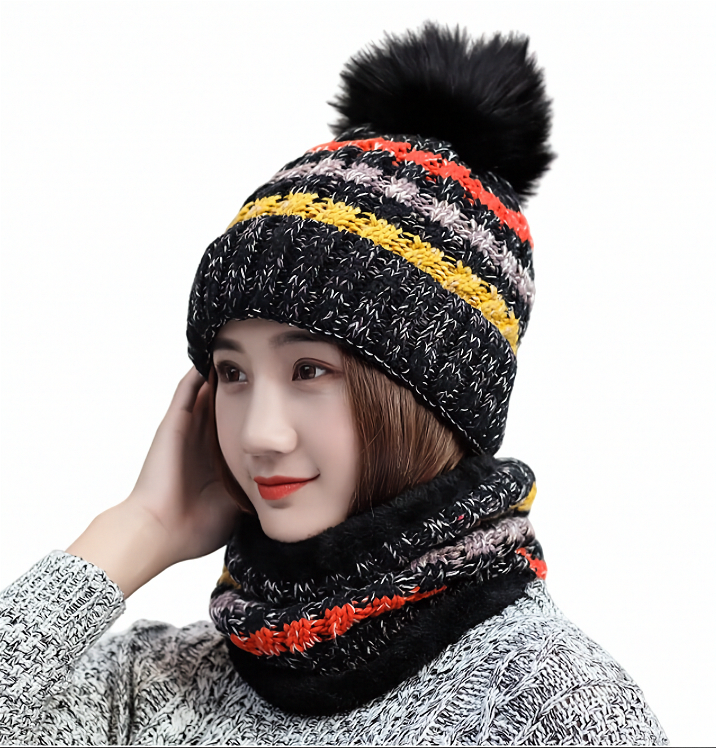 2PCS Women Winter  knitted hats +scarf set  warm Fleece Lining Ski pompom Caps