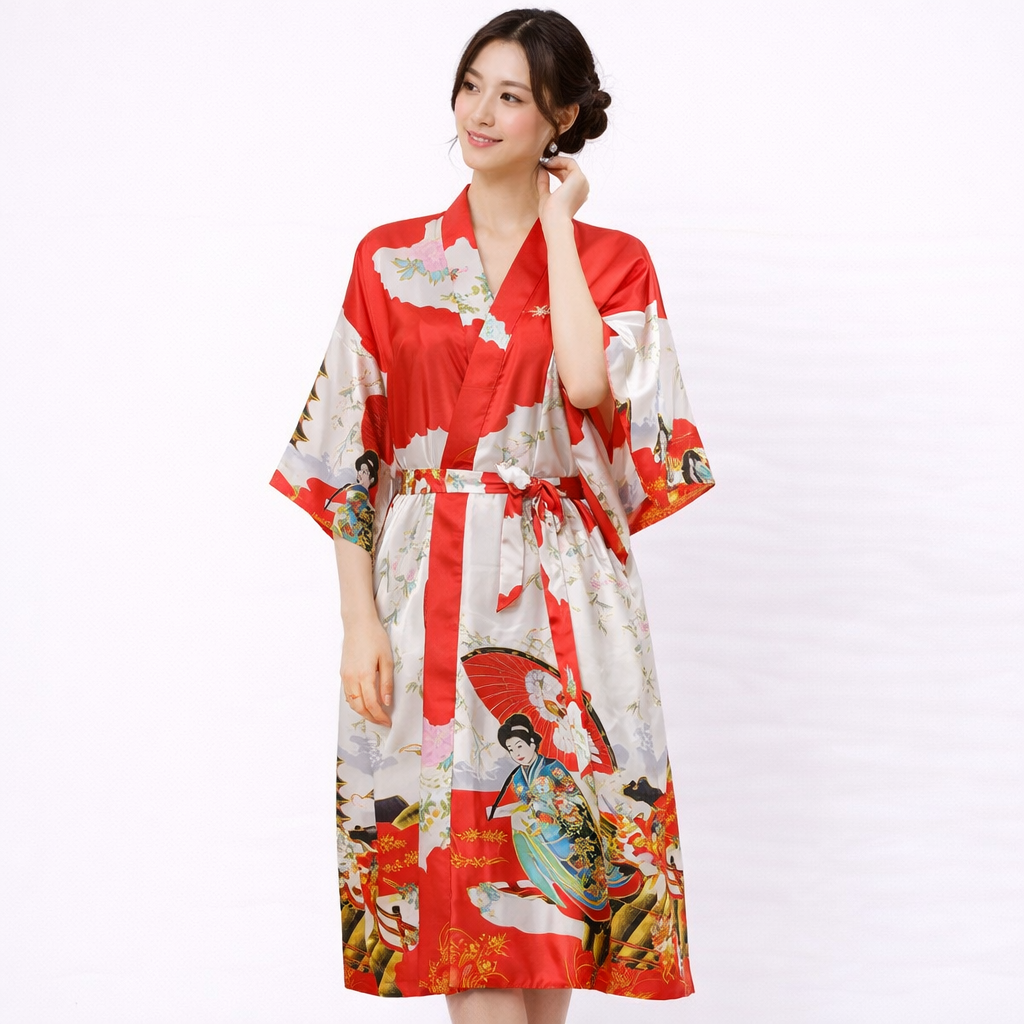 Elegant Japanese Beauty Kimono Robe – Faux Silk Satin, Lightweight & Graceful