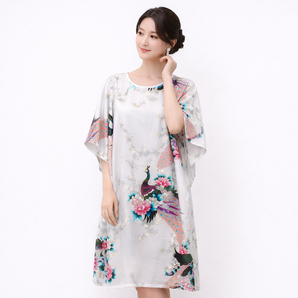 Luxury Silk-Feel Batwing Sleeve Peacock Kaftan Dress – One Size Relaxed Fit (Length 110–115cm)