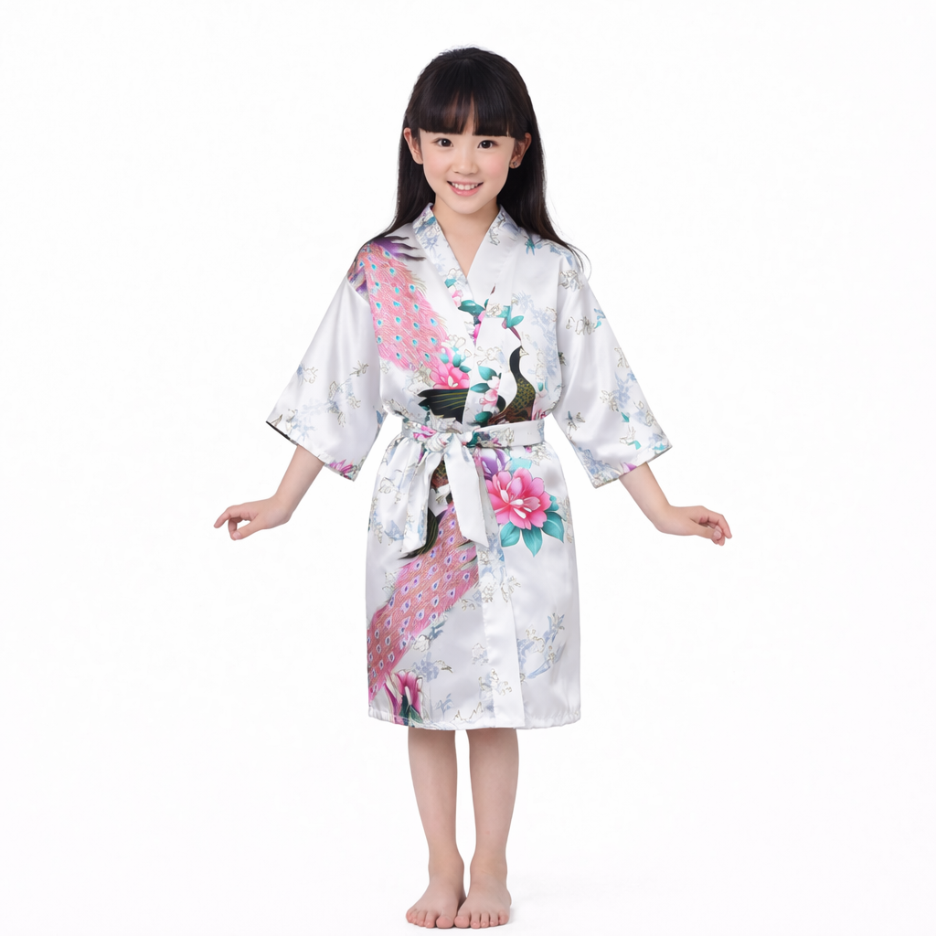Pyjama chemise de nuit soyeuse kimono en satin paon pour enfant Premium peignoir de douche 
