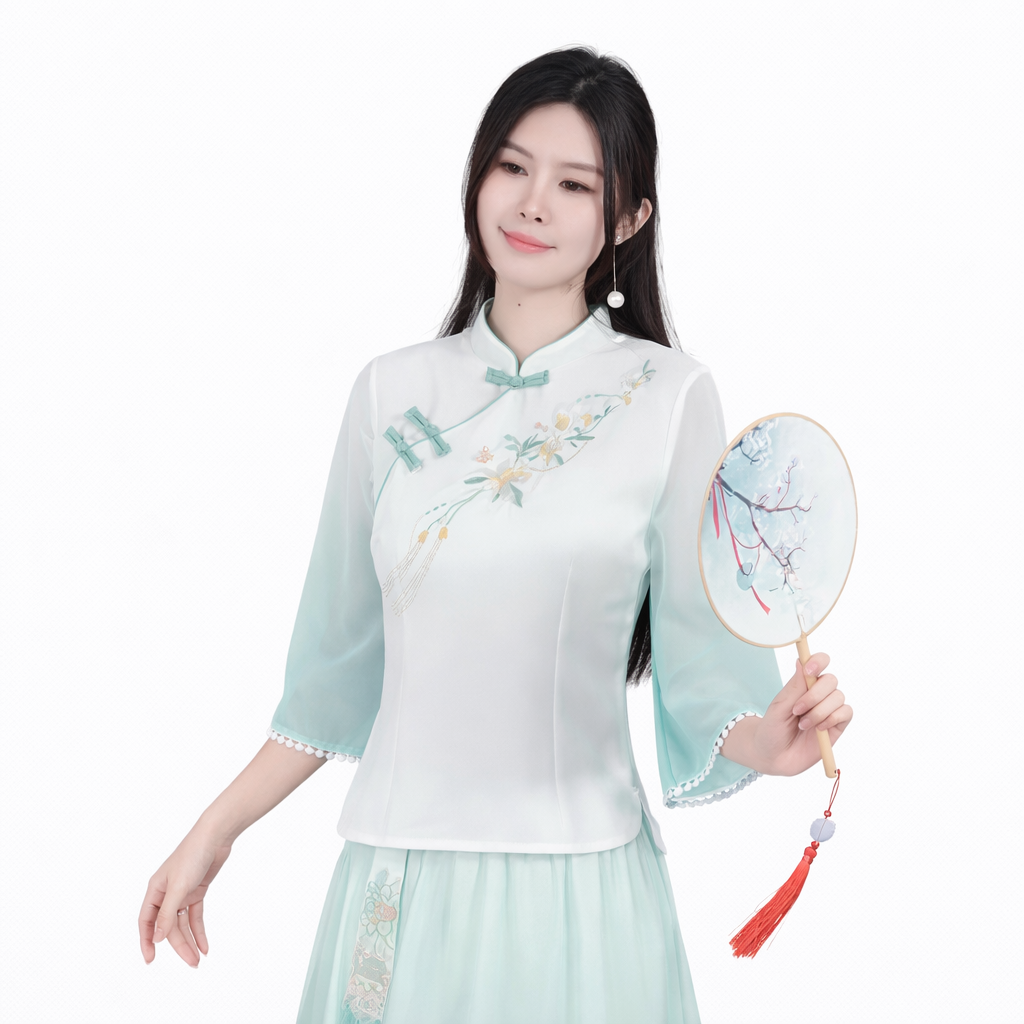 Elegant Embroidered Chiffon Chinese Style Top – Vintage Floral Blouse with Soft Flowing Fit