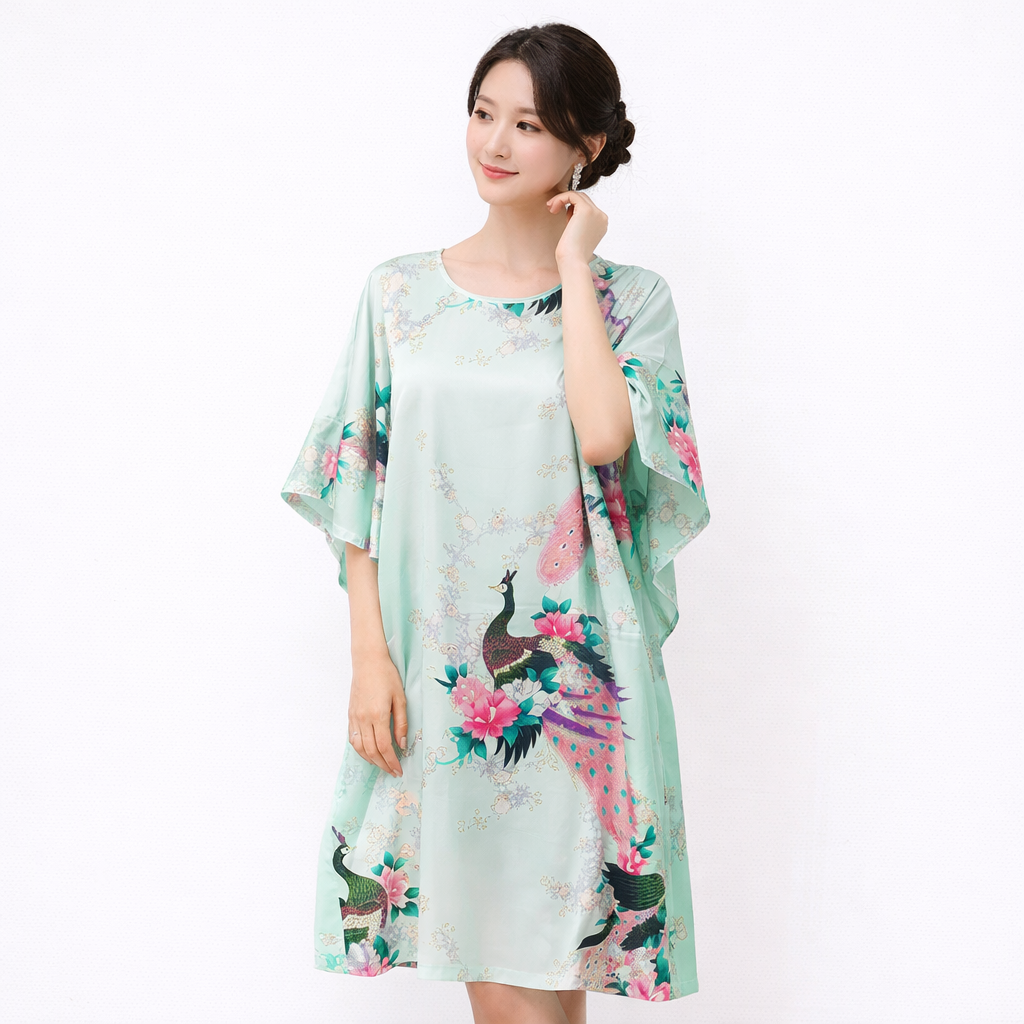 Luxury Silk-Feel Batwing Sleeve Peacock Kaftan Dress – One Size Relaxed Fit (Length 110–115cm)