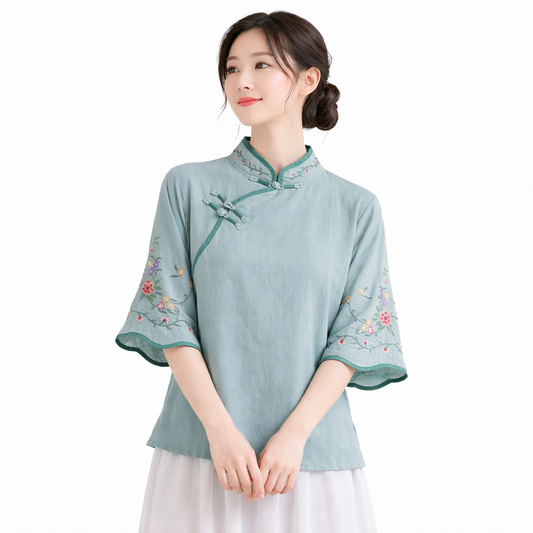 Vintage Chinese Embroidered Linen Blouse – Elegant Republic Style Top
