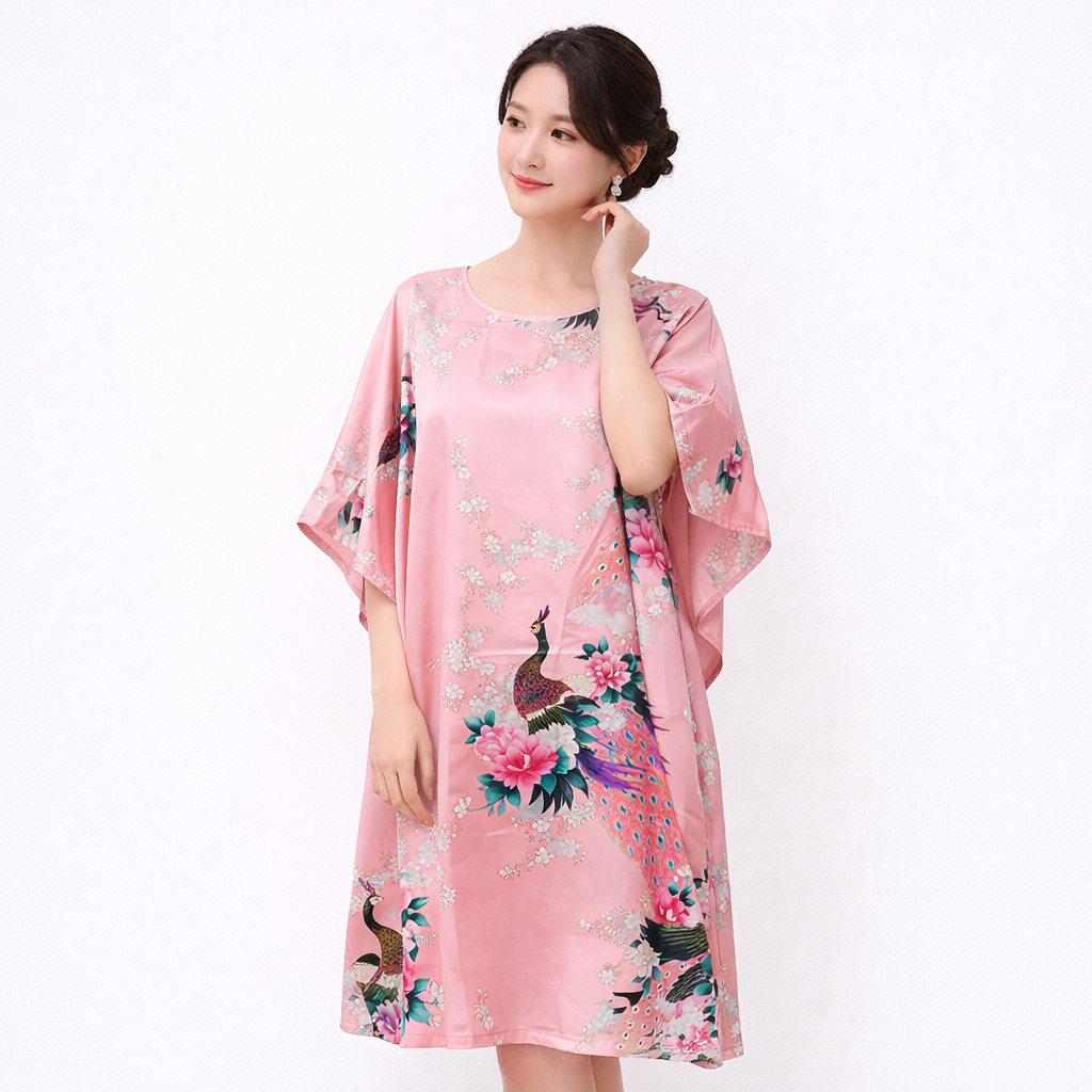 Luxury Silk-Feel Batwing Sleeve Peacock Kaftan Dress – One Size Relaxed Fit (Length 110–115cm)