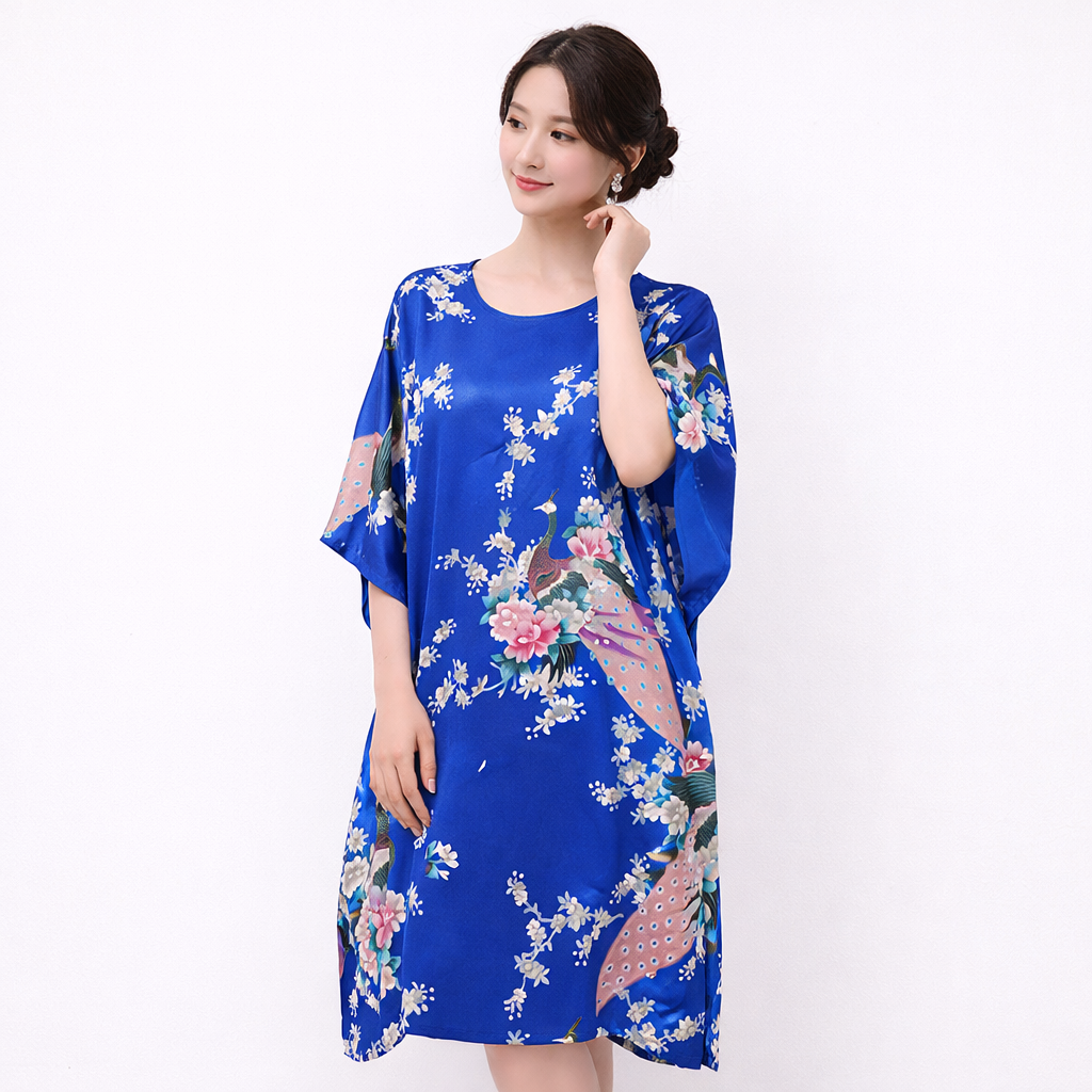 Luxury Silk-Feel Batwing Sleeve Peacock Kaftan Dress – One Size Relaxed Fit (Length 110–115cm)