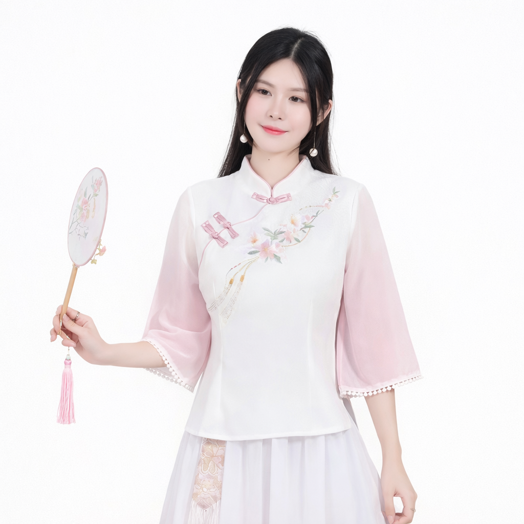 Elegant Embroidered Chiffon Chinese Style Top – Vintage Floral Blouse with Soft Flowing Fit