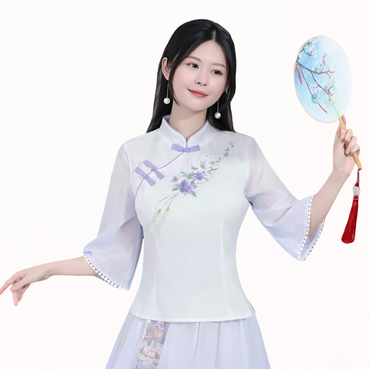 Elegant Embroidered Chiffon Chinese Style Top – Vintage Floral Blouse with Soft Flowing Fit