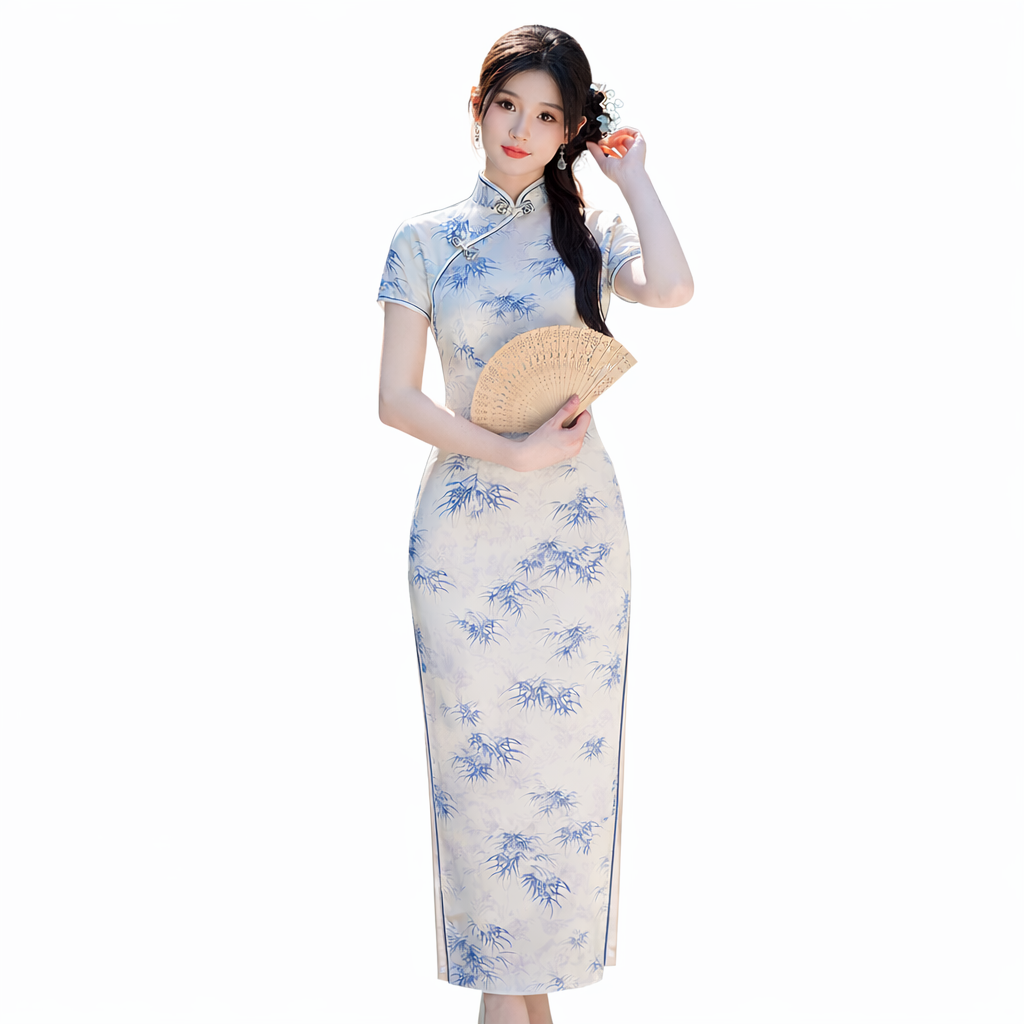 Elegant Chinese Landscape Cheongsam – Bamboo & Mountain Ink Print Slim Fit Qipao Dress