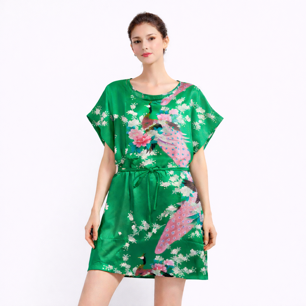 Elegant Satin Peacock Print Lounge Dress – Lightweight Kimono Style Home & Vacation Wear