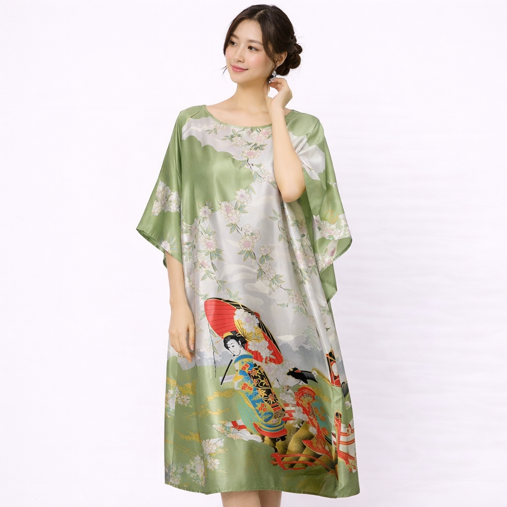 Japanese Beauty Print Satin Dress – Batwing Sleeve Loose Fit Lounge Dress