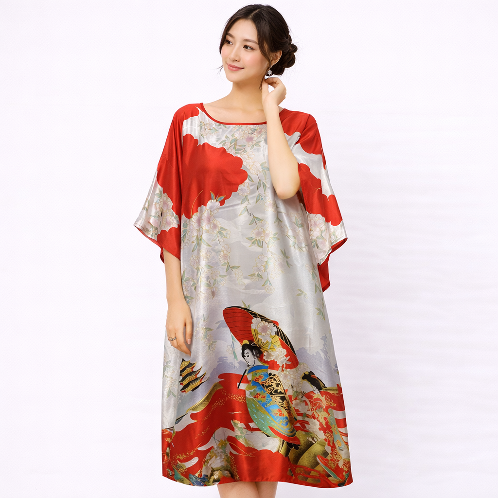Japanese Beauty Print Satin Dress – Batwing Sleeve Loose Fit Lounge Dress