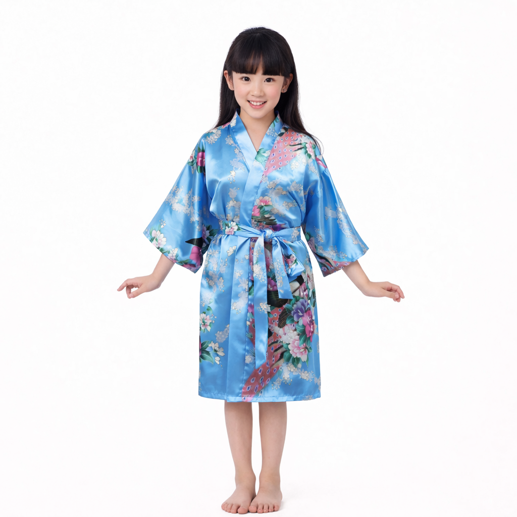 Pyjama chemise de nuit soyeuse kimono en satin paon pour enfant Premium peignoir de douche 