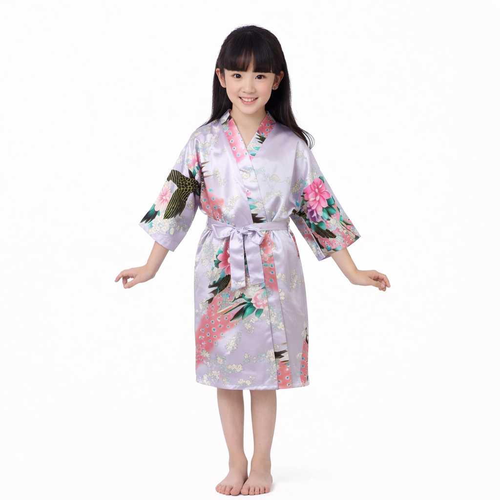 Pyjama chemise de nuit soyeuse kimono en satin paon pour enfant Premium peignoir de douche 