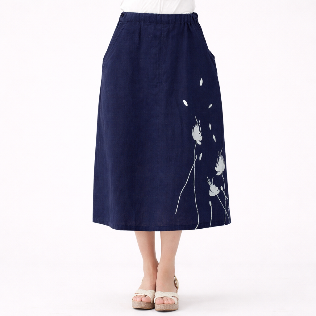 Clearance Sale Linen Cotton Midi Skirt – Hand-Painted Floral, Elastic Waist with Pockets