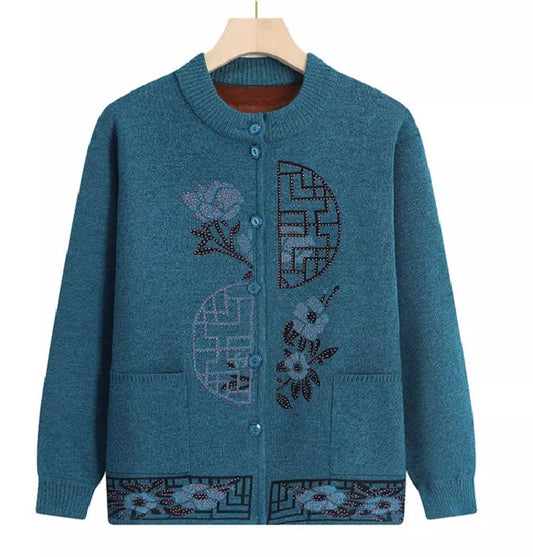 Elegant Floral Pattern Knit Cardigan – Soft Lightweight Sweater for Women (No Fleece)