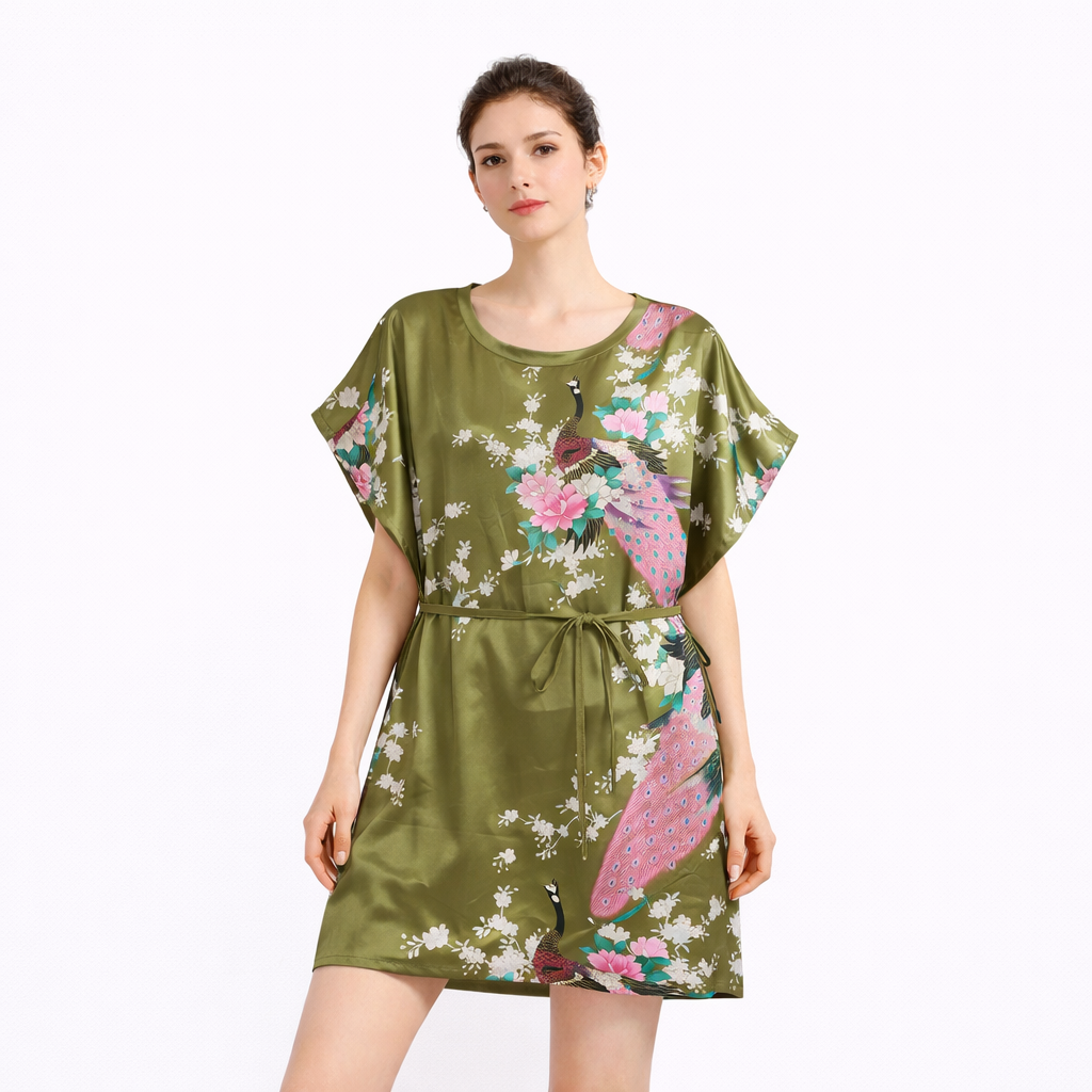 Elegant Satin Peacock Print Lounge Dress – Lightweight Kimono Style Home & Vacation Wear