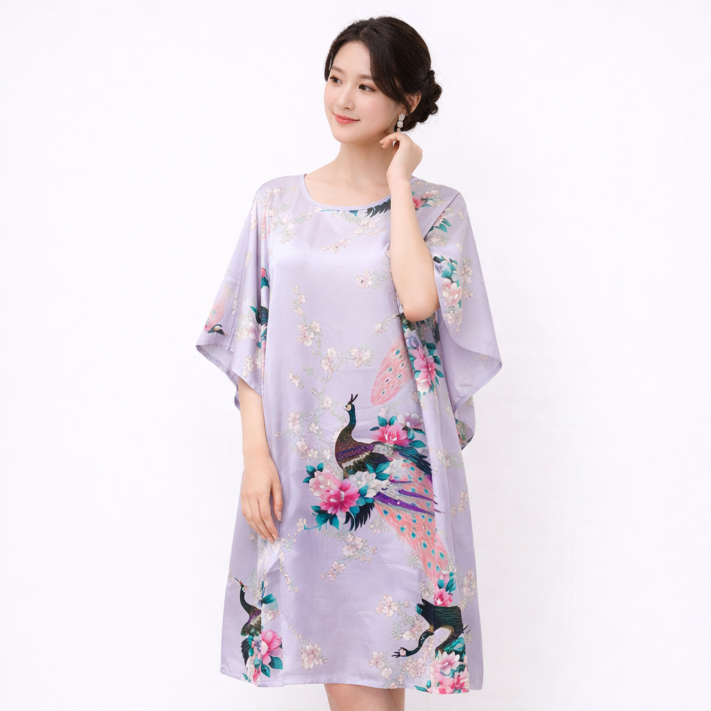 Luxury Silk-Feel Batwing Sleeve Peacock Kaftan Dress – One Size Relaxed Fit (Length 110–115cm)