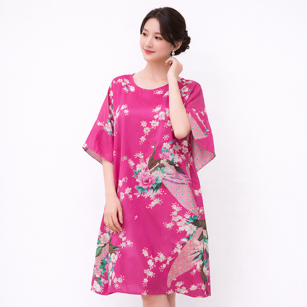 Luxury Silk-Feel Batwing Sleeve Peacock Kaftan Dress – One Size Relaxed Fit (Length 110–115cm)