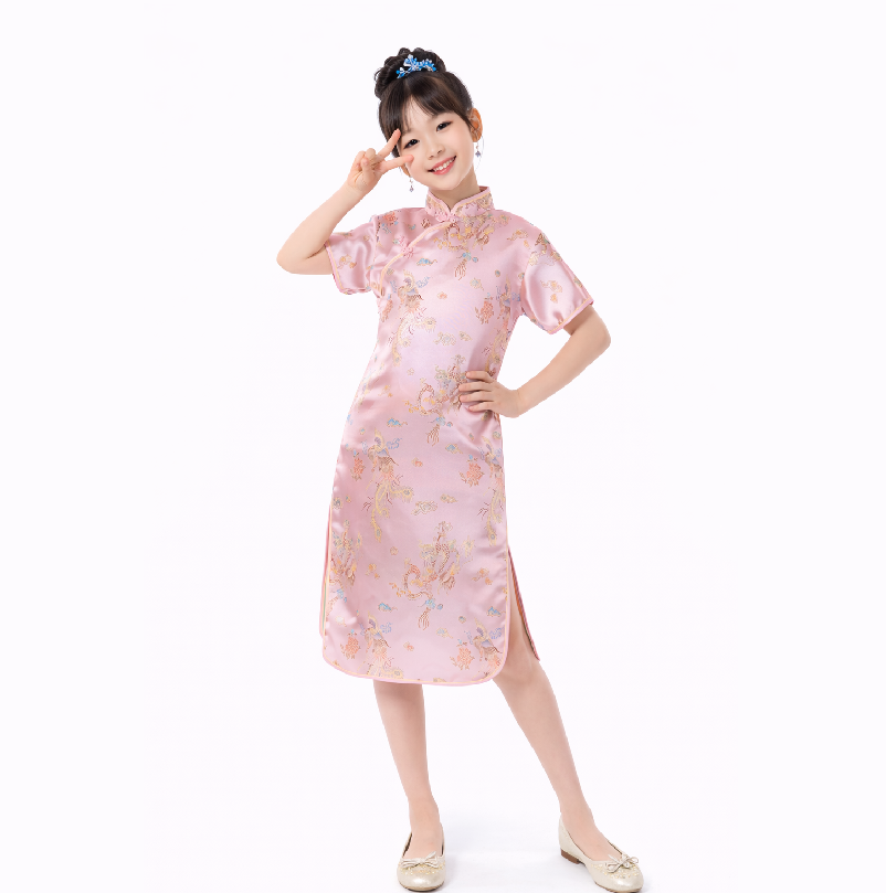 Girls Traditional Dragon & Phoenix Brocade Cheongsam Dress – Elegant Chinese Qipao for Kids