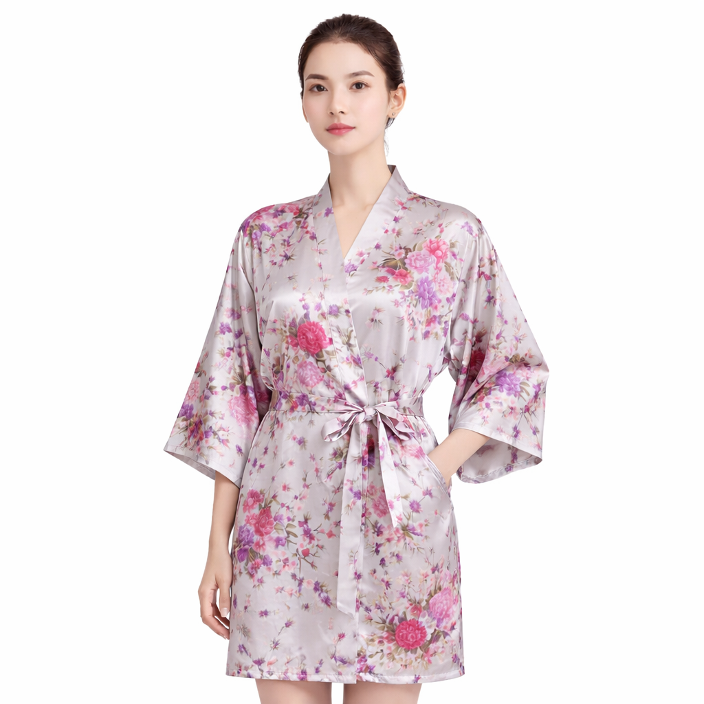 Floral Satin Kimono Robe – Short Silk-Like Bridal & Lounge Robe