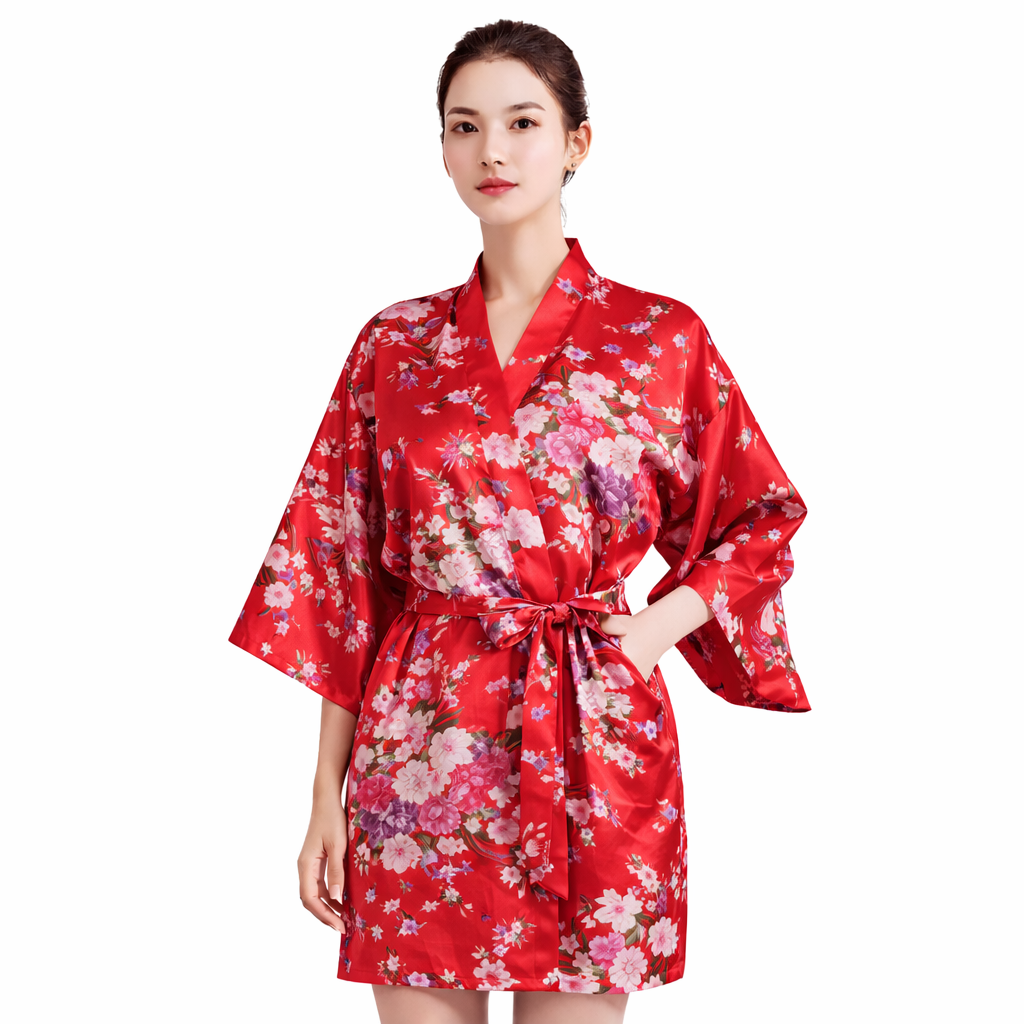 Floral Satin Kimono Robe – Short Silk-Like Bridal & Lounge Robe