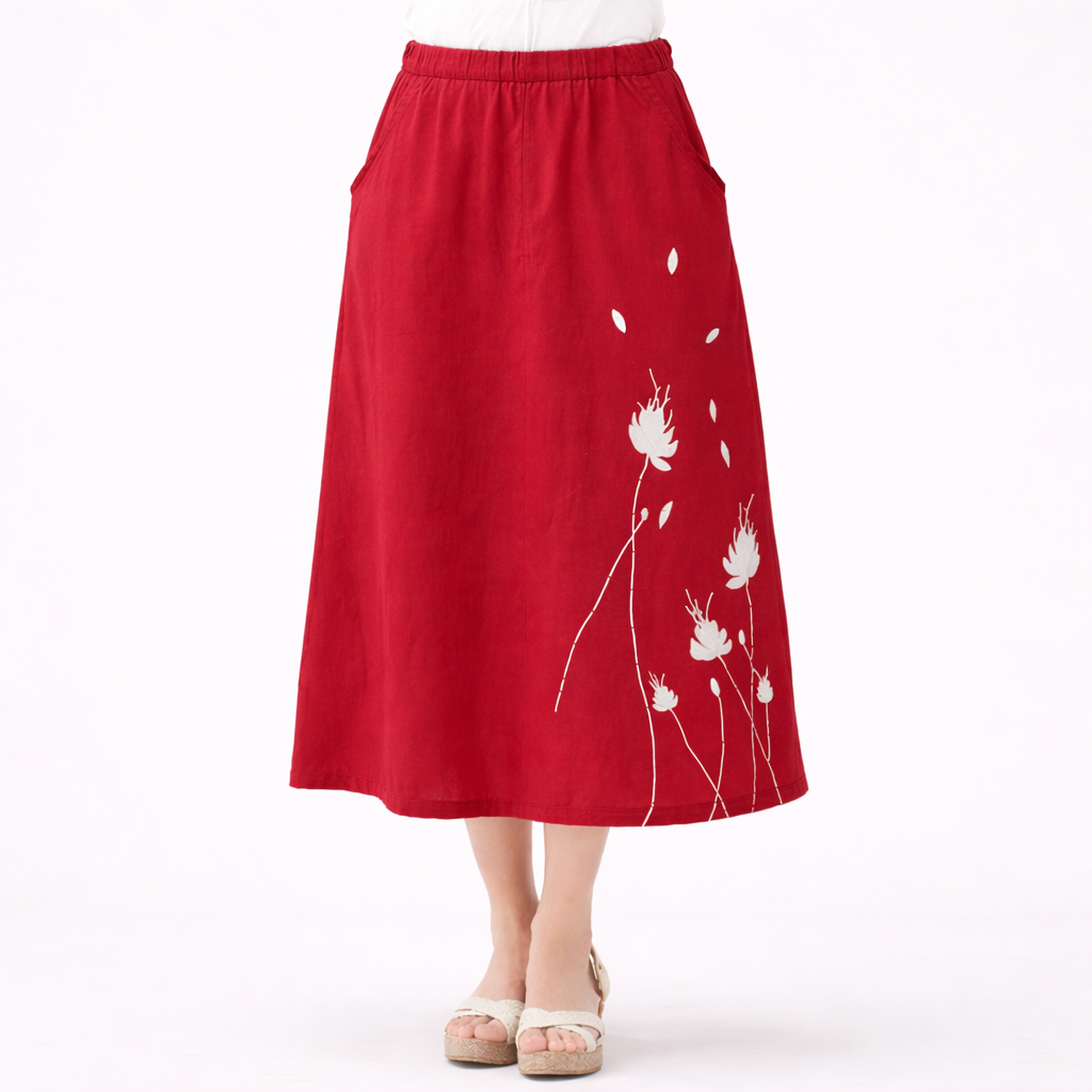 Clearance Sale Linen Cotton Midi Skirt – Hand-Painted Floral, Elastic Waist with Pockets