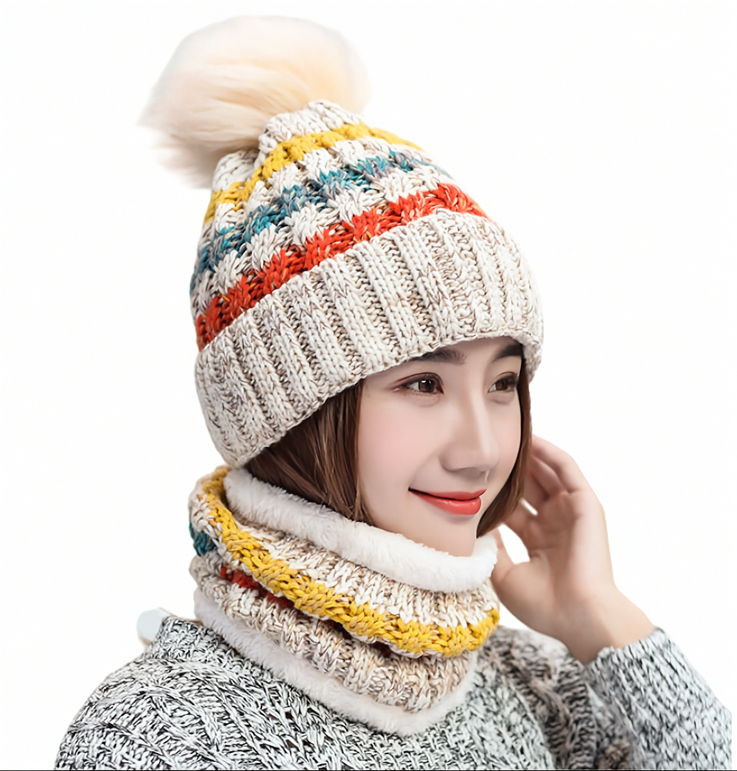 2PCS Women Winter  knitted hats +scarf set  warm Fleece Lining Ski pompom Caps