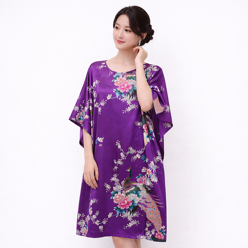 Luxury Silk-Feel Batwing Sleeve Peacock Kaftan Dress – One Size Relaxed Fit (Length 110–115cm)
