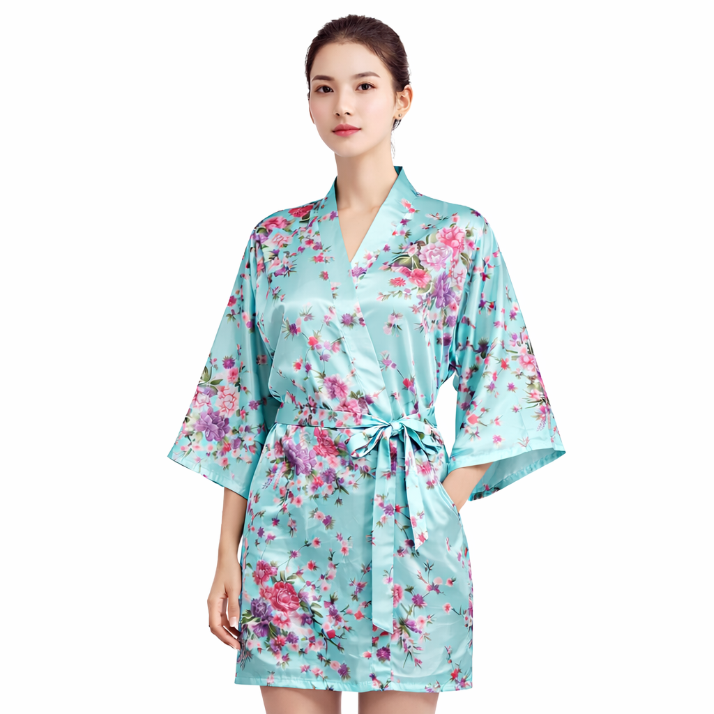 Floral Satin Kimono Robe – Short Silk-Like Bridal & Lounge Robe