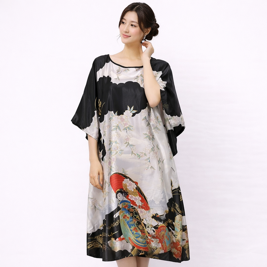 Japanese Beauty Print Satin Dress – Batwing Sleeve Loose Fit Lounge Dress