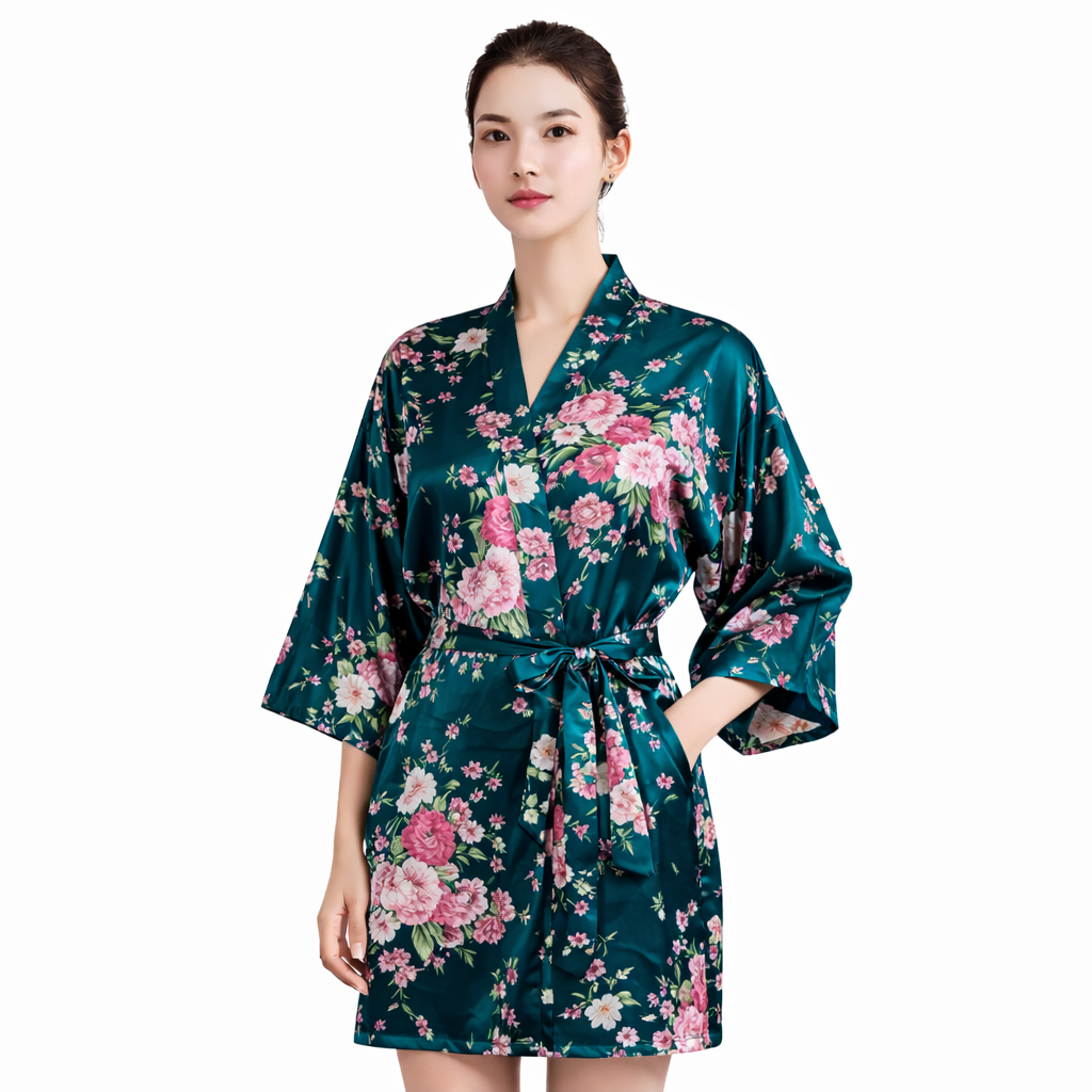 Floral Satin Kimono Robe – Short Silk-Like Bridal & Lounge Robe