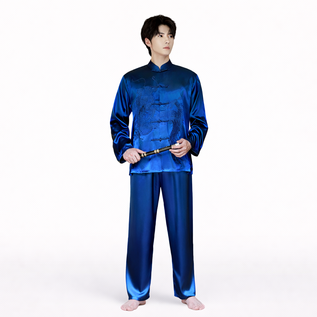 Men’s Silk-Like Dragon Embroidered Tang Suit Set – Soft, Cool & Perfect for Tai Chi / Kung Fu