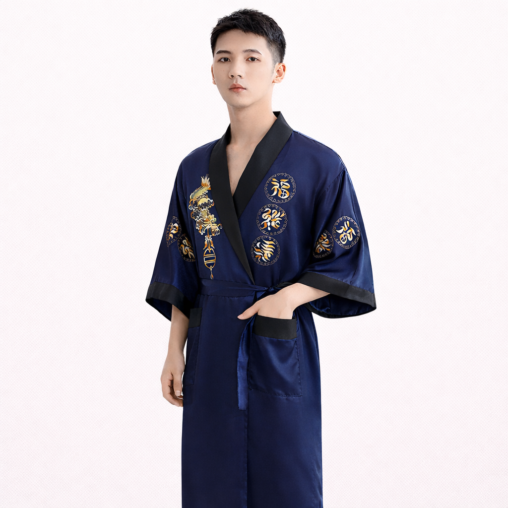Reversible Men’s Chinese Silk Robe – Double-Sided Satin Kimono with Embroidery (2-in-1 Design)