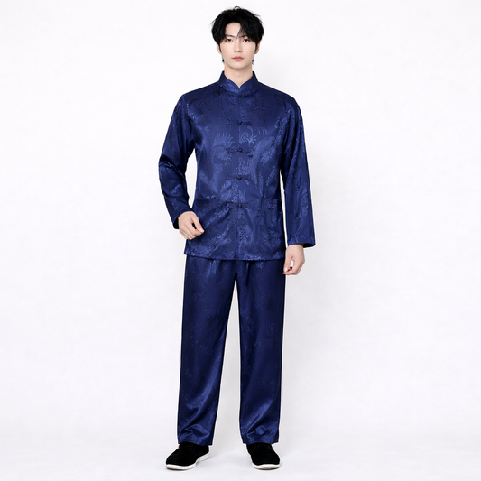 Men’s Dragon Jacquard Silk-Like Tang Suit Set – Lightweight Tai Chi & Kung Fu Outfit