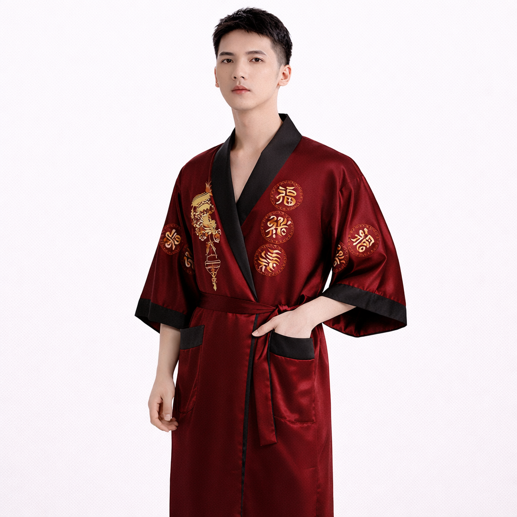 Reversible Men’s Chinese Silk Robe – Double-Sided Satin Kimono with Embroidery (2-in-1 Design)