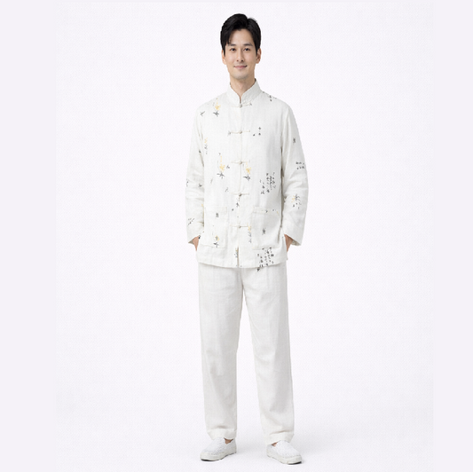 Men’s Linen-Blend Chinese Style Tang Suit Set – Breathable Martial Arts & Casual Wear