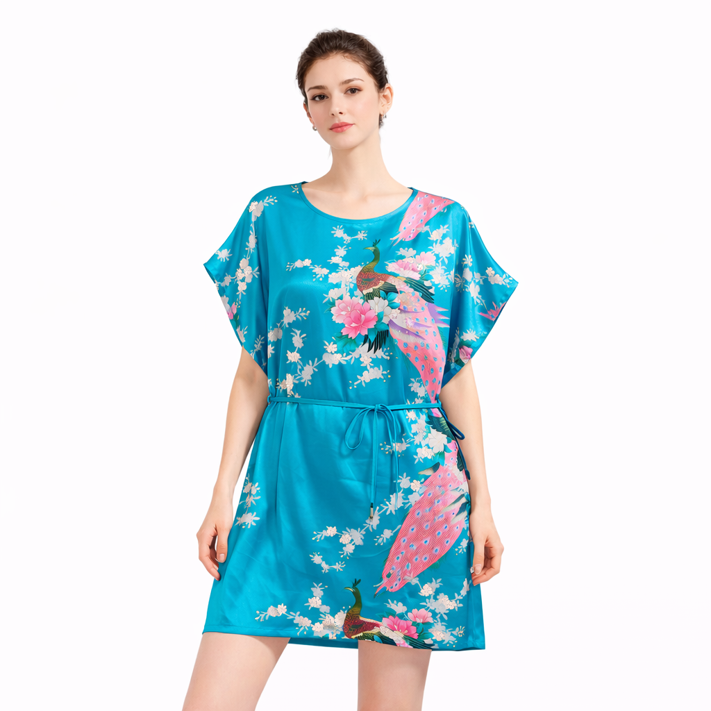 Elegant Satin Peacock Print Lounge Dress – Lightweight Kimono Style Home & Vacation Wear