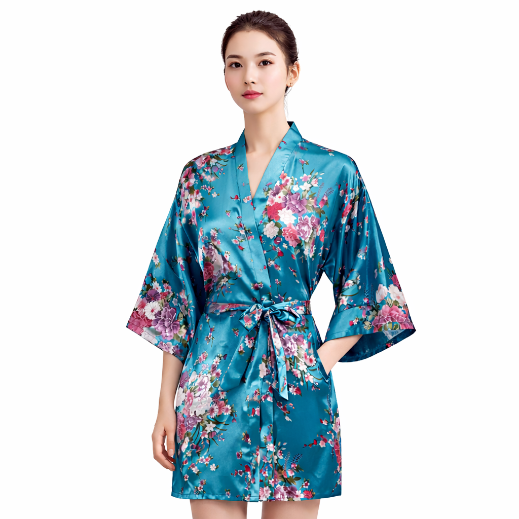 Floral Satin Kimono Robe – Short Silk-Like Bridal & Lounge Robe