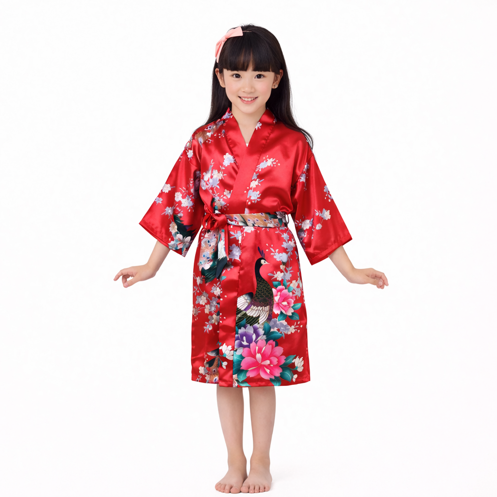 Pyjama chemise de nuit soyeuse kimono en satin paon pour enfant Premium peignoir de douche 