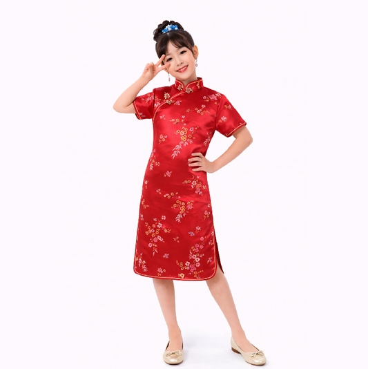 Girls Traditional Dragon & Phoenix Brocade Cheongsam Dress – Elegant Chinese Qipao for Kids