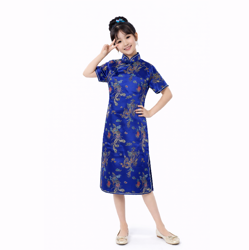 Girls Traditional Dragon & Phoenix Brocade Cheongsam Dress – Elegant Chinese Qipao for Kids