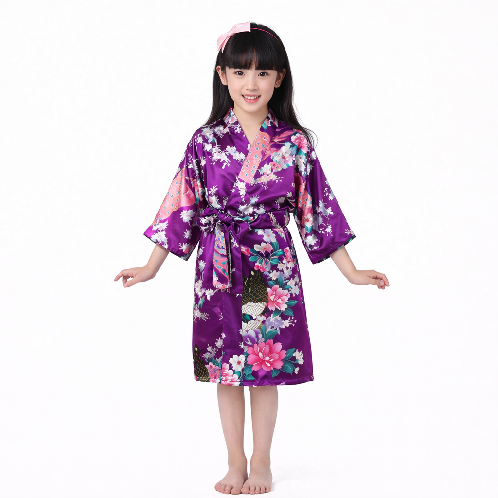 Pyjama chemise de nuit soyeuse kimono en satin paon pour enfant Premium peignoir de douche 