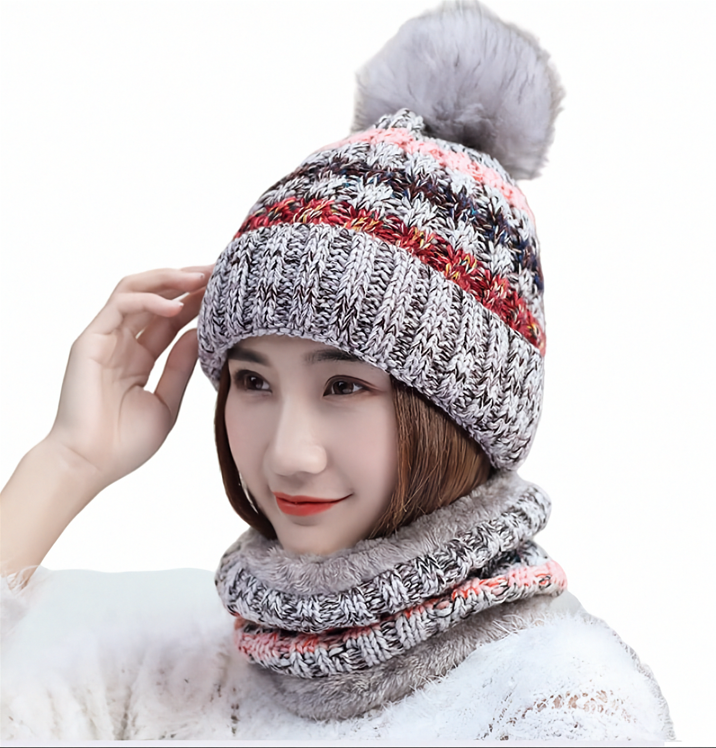 2PCS Women Winter  knitted hats +scarf set  warm Fleece Lining Ski pompom Caps
