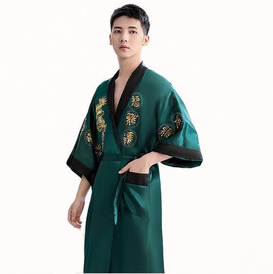 Reversible Men’s Chinese Silk Robe – Double-Sided Satin Kimono with Embroidery (2-in-1 Design)
